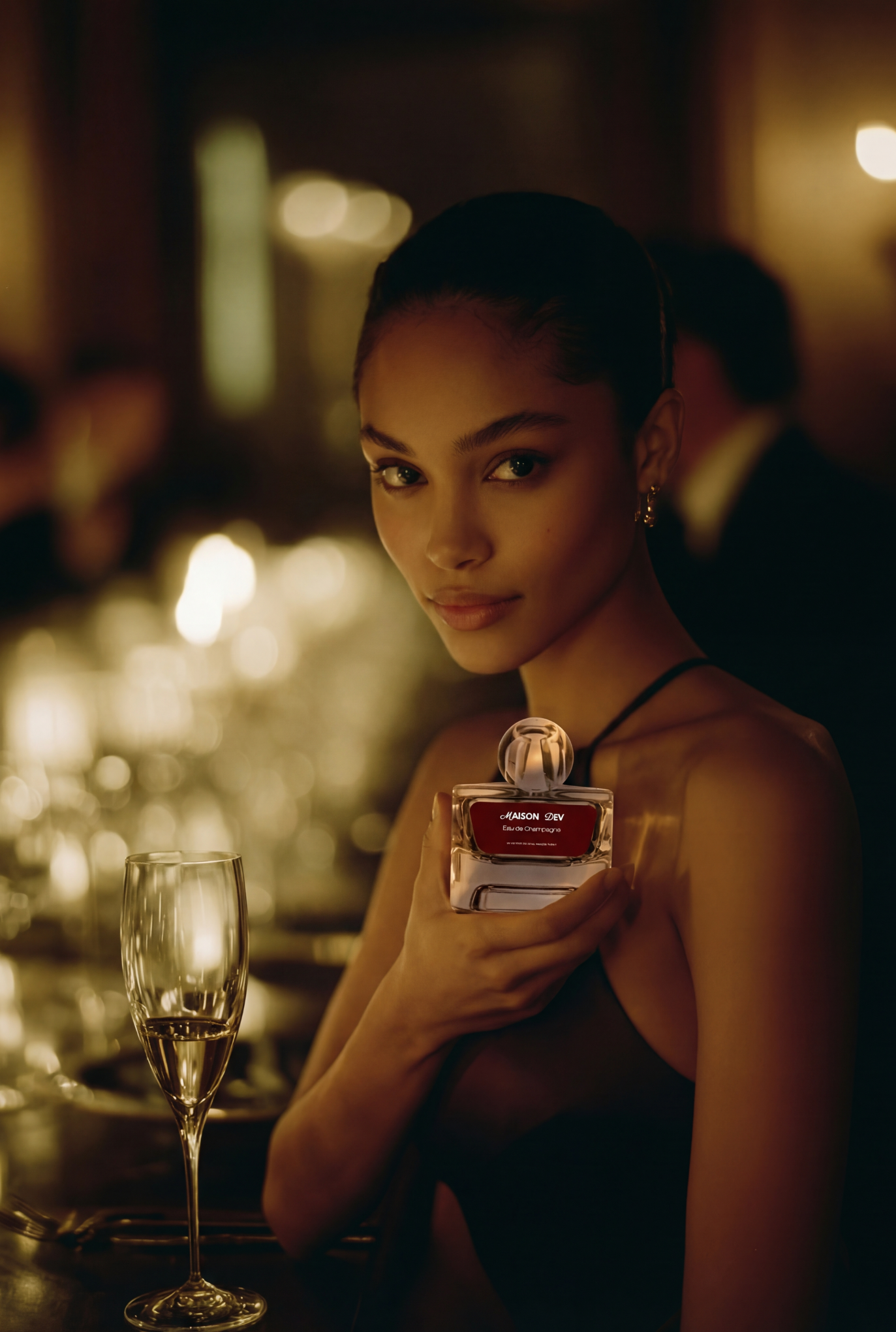 Woman holding a perfume bottle with a blurred background of a restaurant setting