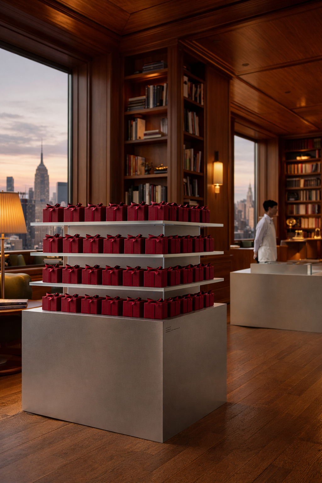Red boxes stacked on a white platform in a room with bookshelves and city skyline view.